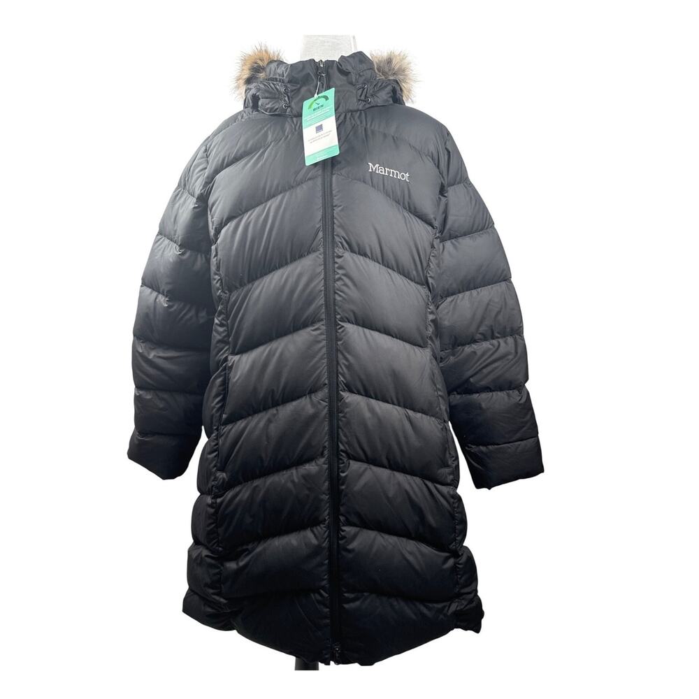 Marmot Montreaux Coat Womens XL Black Down Puffer Parka‎ 700 Fill Faux Fur Hood